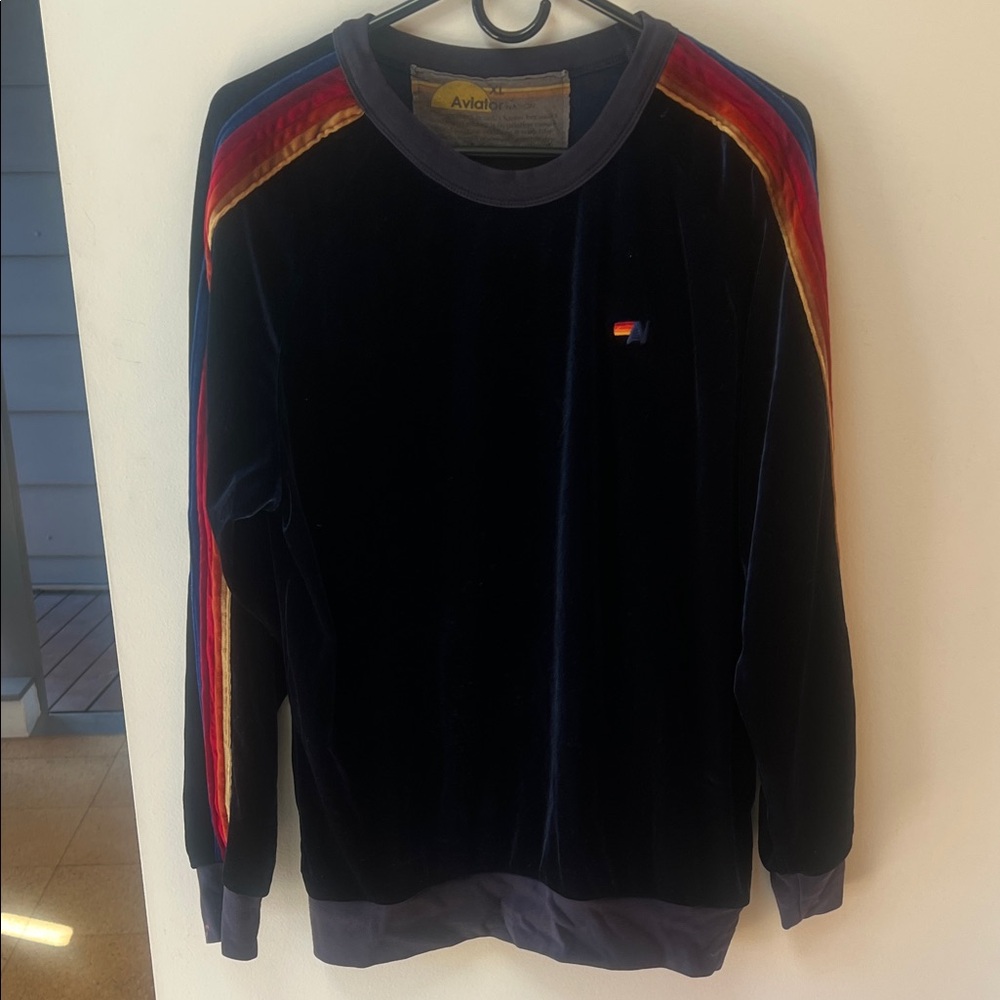 Aviator Nation XL Velour Navy sweatshirt  with Colorful Stripes